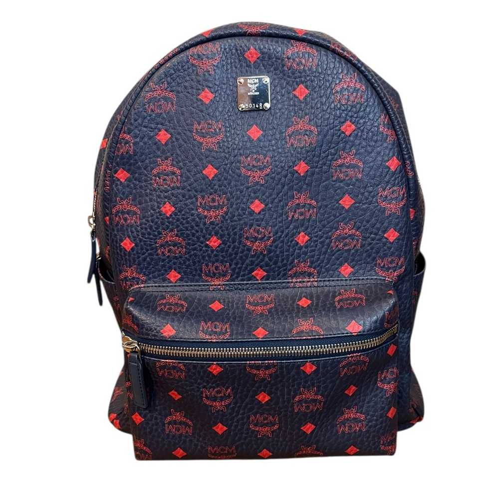 MCM Men’s Stark Leather Backpack Navy Blue/ Red Logo Large